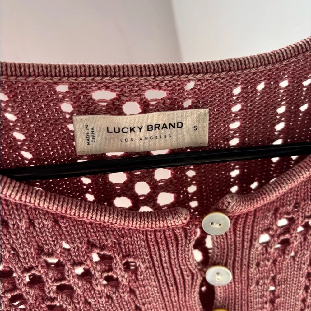 Lucky Brand Open Stitch Peplum Long Bell Sleeve Sweater Top Crochet style Small - Picture 5 of 6